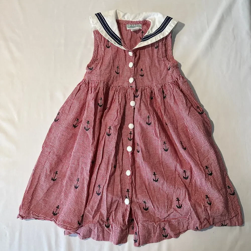 Vintage 90s Funtasia! Too Dallas Embroidered Red Gingham Anchor Sailor Dress S 4